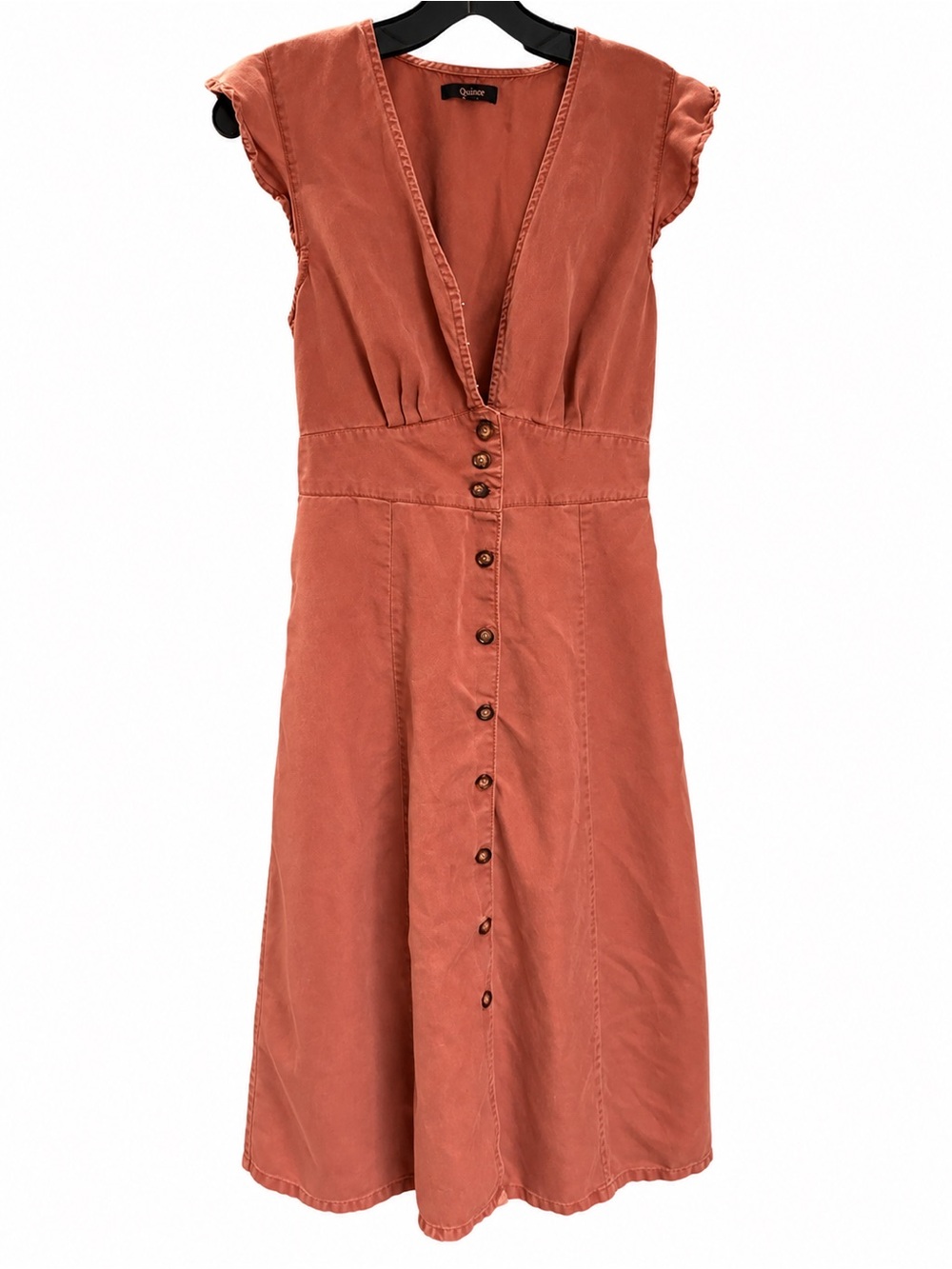 Quince Terracotta Button-Front V-Neck Midi Dress S